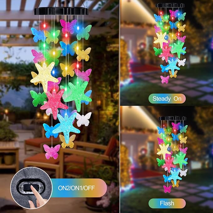 (New) Solar Wind Chimes for Outside, Butterfly Wind Chimes, Outdoor Decorative Wind Chimes with 2 Light Modes for Patio, Garden, Yard, Porch, Gifts for Mom, Grandma, Wife, Family and Friends