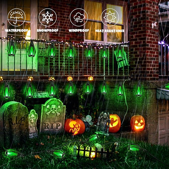 iBaycon 27Ft 10 LED Solar Flame Halloween String Lights, Green | Ultra-Real Flickering Flame Lamp Outdoor Waterproof, Solar Patio String Lights for Garden Yard Lawn Halloween Decorations
