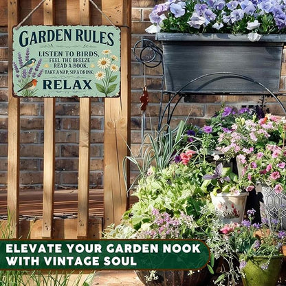 PEACHGARDEN Garden Rules Sign, Funny Relaxing Yard Decor, Vintage Metal Signs for Garden Walls, Outdoor Gifts for Women 8x12 Inch