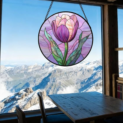DASTOLL Stained Glass Window Hanging Purple Tulips Flower Large 15" - Suncatcher Door Garden Sun Catcher Home Decor Birthday Mother's Day for Mom Men Woman Parents Her Nana Friend
