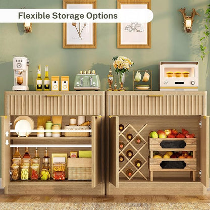 TEENFON 63" Fluted Buffet Sideboard Cabinet with Storage, Buffet Table Coffee Bar Wine Bar Storage Cabinet with Adjustable Shelf for Living Room, Kitchen, Natural
