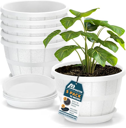 10-Inch Whiskey Barrel Planters Outdoor Pack of 5 - Durable Plastic Plant Pots for Indoor & Outdoor Use with Drainage & Saucer, Lightweight Rustic Barrel Planters for Flowers, Herbs & Small Plants