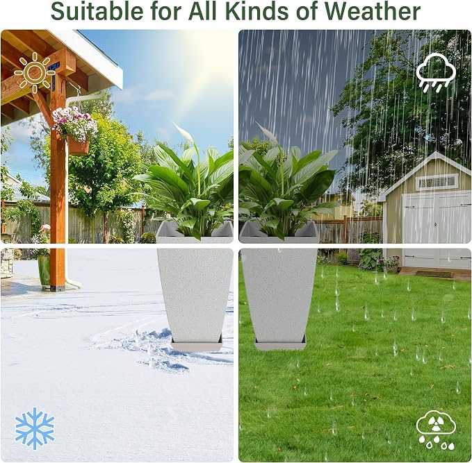 Neoaider Set of 2 Tall Planter, 21 inch Large Plastic Planter, Bluish Gray | Ceramic-Look, Lightweight, Built-in Drain Hole, Saucers, Tall Outdoor Planter for Porch, Garden, Patio, Balcony