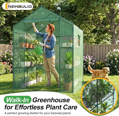 NEWBULIG Outdoor Greenhouse, Walk-in Greenhouse with 2 Tier 8 Plant Shelves, 56"x56"x77" Durable PVC Cover, Portable Greenhouses for Outdoor Garden, Patio, Porch, Backyard Green Houses, Green