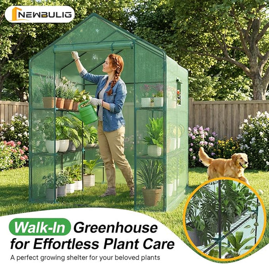 NEWBULIG Outdoor Greenhouse, Walk-in Greenhouse with 2 Tier 8 Plant Shelves, 56"x56"x77" Durable PVC Cover, Portable Greenhouses for Outdoor Garden, Patio, Porch, Backyard Green Houses, Green