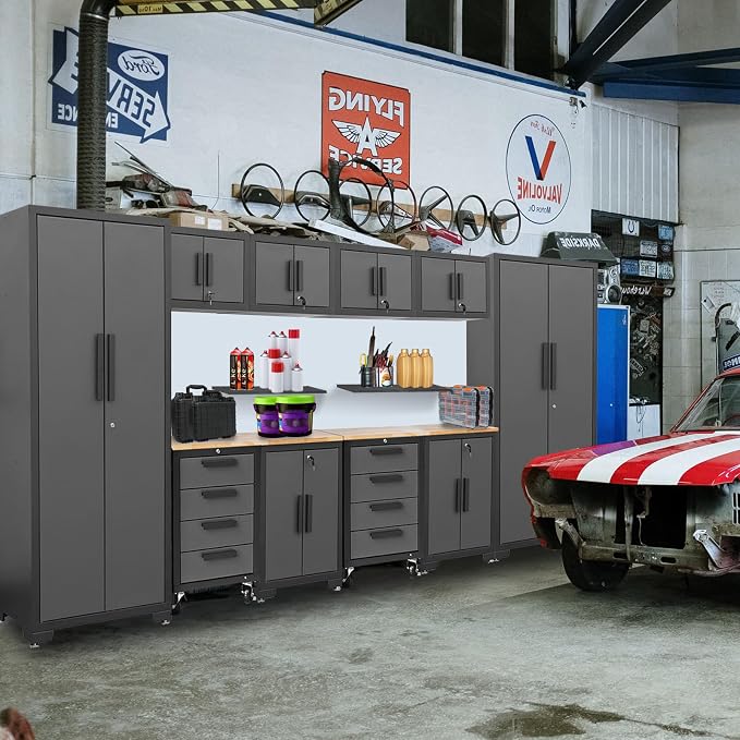 Torin 12 Piece Garage Storage Cabinet System，Workshop Cabinet Set in Black | Included Workshop Tool Organizer Chest with Lockers, Shelves and Wood Workbench, Black/Grey