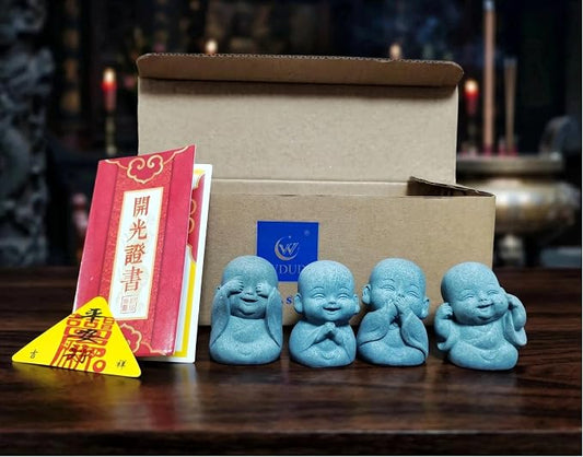 4-in-1 Mini Buddha Statue Set - See/Hear/Speak/Think No Evil, Zen Feng Shui Decor for Home, Aquarium, Garden, Office - Spiritual Resin Figurines with Blessing Amulet (Mini Buddha Statue)