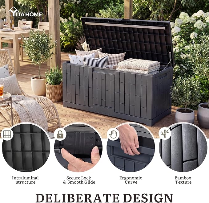 YITAHOME 120 Gallon Outdoor Storage Deck Box | Large Resin Patio Storage Box with Slide-Locking Lid, 53"L 2-Person Bench Seat for Outdoor Pillows, Garden Tools &