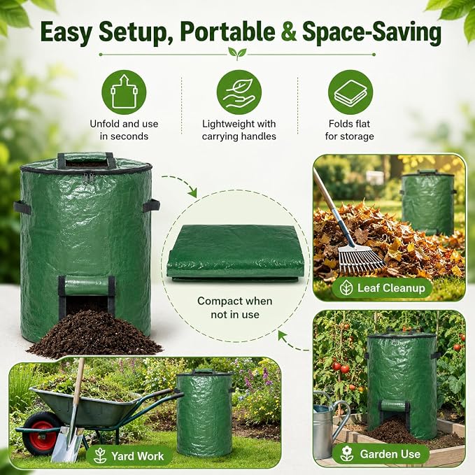 2PCS Compost Bin Outdoor with Window, 127L Garden Compost Bin Bags, Large Outdoor Collapsible Compost Bin, 34 Gallon Reusable Garden Yard Waste Bag for Yard Waste, Kitchen Scraps & Worm Compost