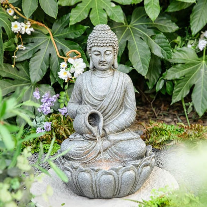 Glitzhome 20.5" Zen Buddha Fountain, Outdoor Water Fountain with LED Light, Polyresin Stone Powder Concrete Finish Meditating Buddha Statue for Garden Patio Yard Deck, 4 Warm LED Lights