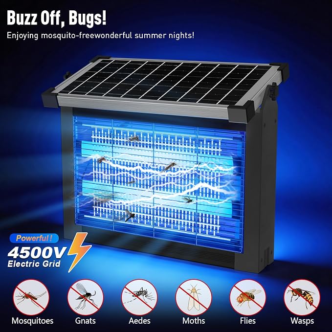 Solar Bug Zapper Outdoor Waterproof, USB-C Rechargeable Mosquito Zapper, 4500V Electric Bug Zapper, Solar Mosquito Trap Fly Insect Killer for Patio Garden Backyard Garage(Gray)