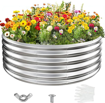 YSEJOMP 17" Tall 48" Diameter Round Raised Garden Bed Kits Outdoor Silver | Heavy Duty,Rustproof,Durable & Stylish,1.5 FT Tall,4FT Planter Bed,0.8MM Thick Galvanized Metal,with Gloves,Tool free