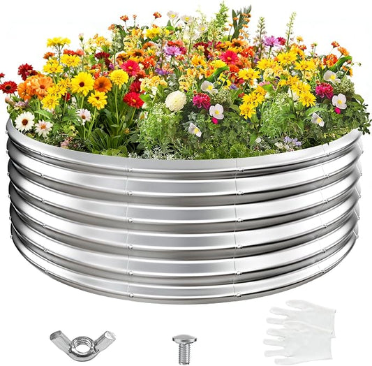 YSEJOMP 17" Tall 48" Diameter Round Raised Garden Bed Kits Outdoor Silver | Heavy Duty,Rustproof,Durable & Stylish,1.5 FT Tall,4FT Planter Bed,0.8MM Thick Galvanized Metal,with Gloves,Tool free