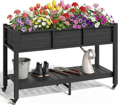 YITAHOME Raised Garden Bed HDPE, 47x18x31In Raised Flower Bed Poly-Wood Weather-Resistant Elevated Planter Box with Lockable Wheels & Storage Shelf for Vegetable Flower, Black