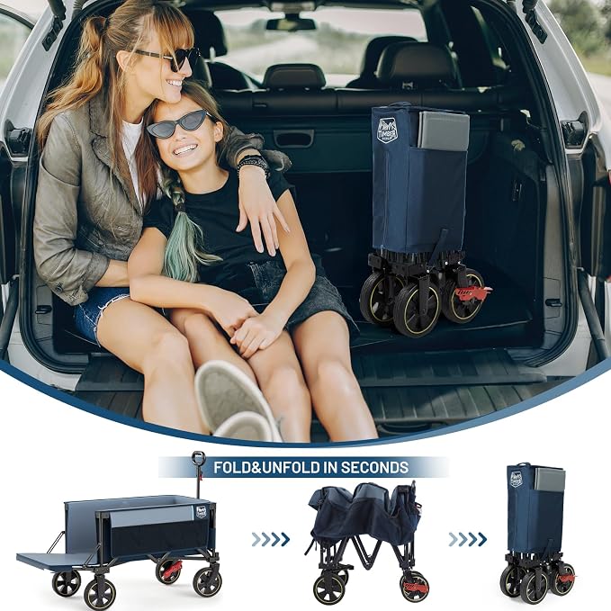 Timber Ridge 49" Extra Long Collapsible Folding Wagon with Tailgate and Brakes, 300lbs Heavy Duty Foldable Wagon with Adjustable Handle, 250L Capacity Portable Cart for Outdoor Camping Sports, Blue