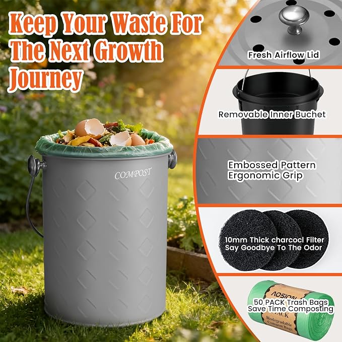 AOSION Countertop Compost Bin Kitchen,Odorless Indoor Compost Bin with Lid | 1 Gallon Composter Container,Removable Inner Bucket,50 Compost Bags,2 Carbon Filters,ideal for food scraps,coffee grounds