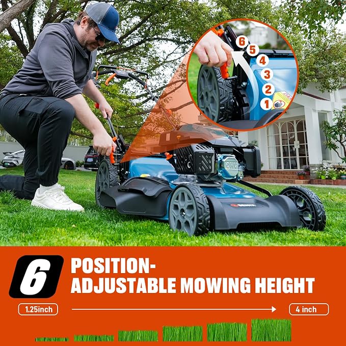 SENIX 201cc 22" 3-in-1 Variable Speed Self Propelled Gas Lawn Mower | Self Propelled Lawn Mower, 22" Self Propelled Gas Lawn Mower, 6 Height Adjustable