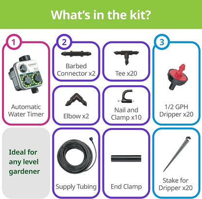 Raindrip R560DP Drip Watering System, Automatic Drip Irrigation System with Timer for Containers and Hanging Baskets, Waters up to 20 Plants, Includes 20 Drippers, Black