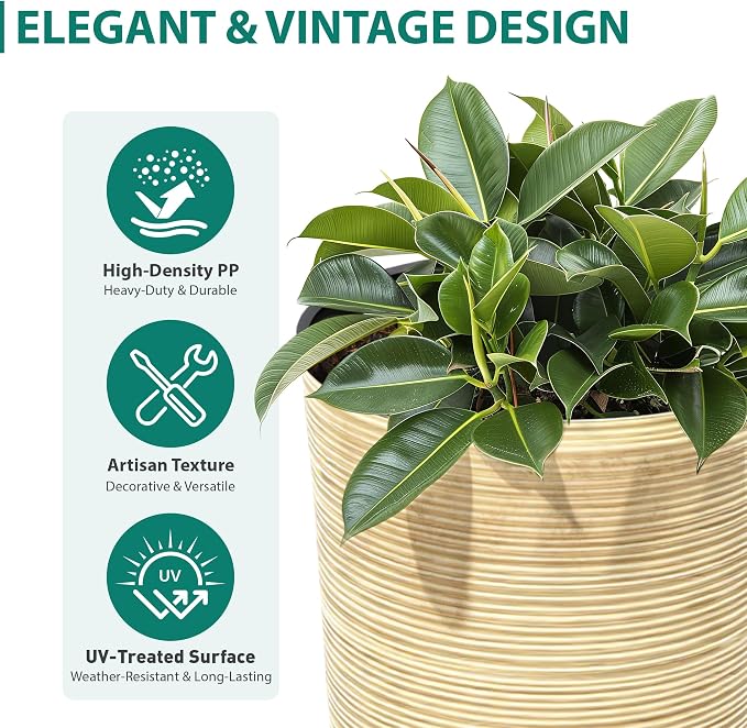 23.5" Ivory Speckled Tall Planters Set of 2 with Drainage Holes | Large Tapered PP Plastic Pots With Vertical Stripe Texture For Indoor and Outdoor Plants, Patio, Garden, Porch, or Entryway