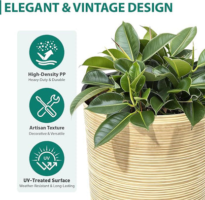 23.5" Ivory Speckled Tall Planters Set of 2 with Drainage Holes | Large Tapered PP Plastic Pots With Vertical Stripe Texture For Indoor and Outdoor Plants, Patio, Garden, Porch, or Entryway