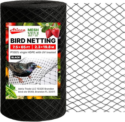 ATICCA Heavy Duty Bird Netting for Garden Protection & Fruit Trees, 7.5x65 Ft with 10 Stakes – Black Anti-Bird Net for Poultry, Deer, & Squirrel Protection, Durable Mesh for Garden and Yard Use