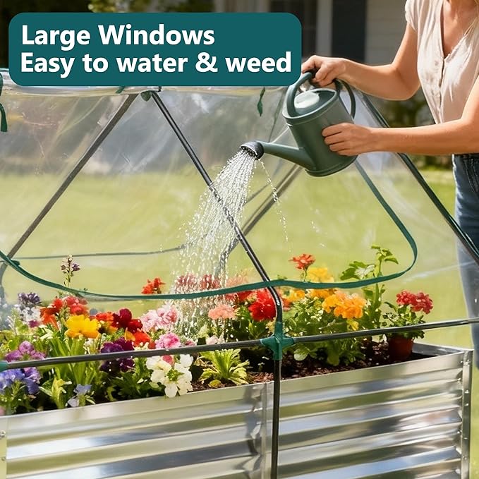 DUMOS Galvanized Raised Garden Bed with Cover, 6x3x2ft Metal Planter Box Outdoor for Deep-Rooted Vegetables Flowers Herbs, Garden Bed Mini Greenhouse for Patio Balcony Backyard, Open Bottom, Clear