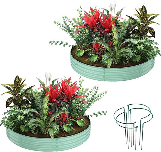 ZFHgarden Galvanized Metal Planter Round Raised Garden Bed Kit for Gardening Outdoor，3x3x1ft 2PC Grow Garden Box Raised Flower Bed，Round Galvanized Planter Outdoor Large Metal Fire Pit Ring Green