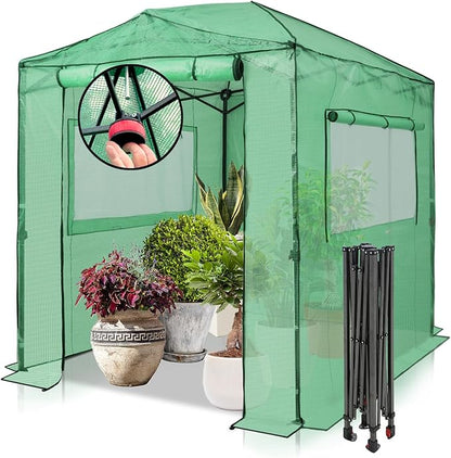 EAGLE PEAK 8x6 Portable Walk in Greenhouse, Pop Up Indoor Outdoor Greenhouse, Green House Kit with Zippered Roll-Up Doors and Windows, PE Cover, Clear/Green