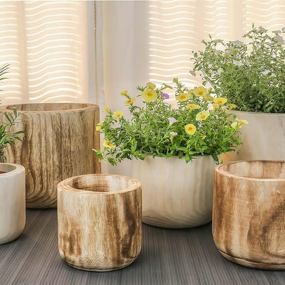 CYS EXCEL 6.25'' Burnt Finish Cylinder Planter Lightweight Natural Wood Cachepot for Indoor Plants, Succulents, Herbs, Home & Office Decor