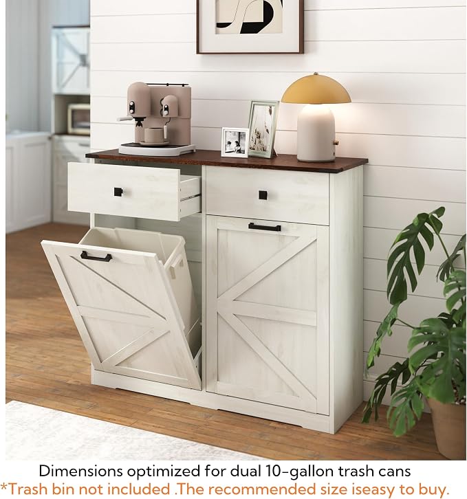Ball & Cast Double Tilt Out Trash Cabinet for 20 Gallon Trash Cans, Farmhouse Barn Door Style with 2 Hideaway Drawers, Hidden Garbage & Recycling Center for Kitchen, Laundry Room (Antique White)