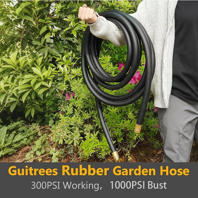 Guitrees 25FT ×1 inch Heavy Duty Rubber Garden Hose - 200psi Working, 1000psi Burst - Hot/Cold Water - Five-Layered Braiding for Durability - Versatile for Gardening, Agriculture, Construction(Black)