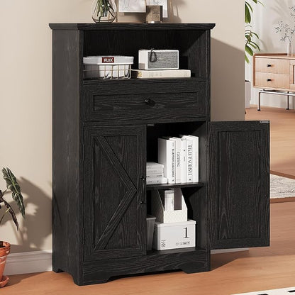 Floor Cabinet, Farmhouse Storage Cabinet with Barn Doors and Drawer, 11.81" D x 23.62" W x 39.37" H Black Freestanding Adjustable Shelf Organizer for Bathroom, Kitchen, Living Room