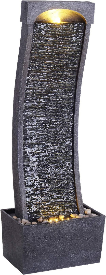 Teamson Home 38.58 in. Modern Curved Faux Slate Waterfall Fountain for Indoors or Outdoors with LED Light Accents and 1.98-Gallon Pump, Black and Stone Gray | Freestanding Floor Garden Waterfall, LED Lights, Weatherproof Polyresin, For Patio & Yard