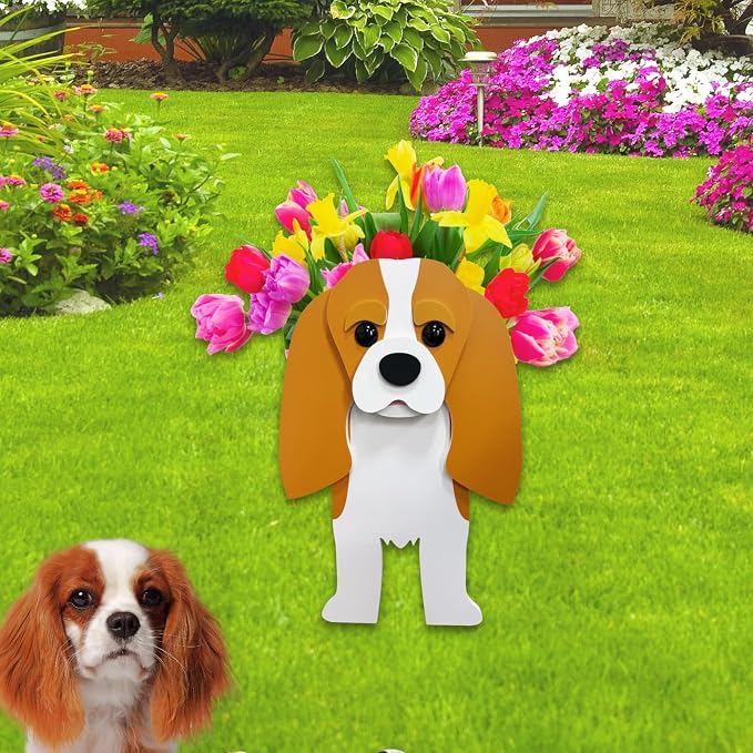 Brown King Cavalier Dog Planter Pots, 9.45 x 8.66 x 13.39 in | Dog Flower Pot, Cute Animal Shaped Plant Pot, Gifts for Women & Pet Lovers, Indoor Outdoor Garden Home Office Decor