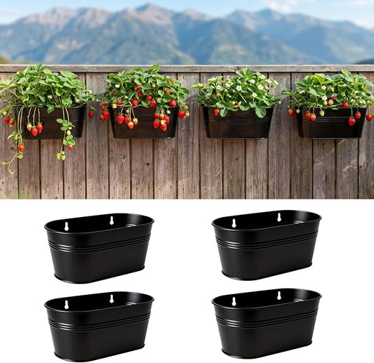 LaLaGreen Wall Planter (11.8 Inch, 4 Pack) Black Oval Metal Wall Hanging Decor Flower Plant Holder Indoor Planters Mounted Balcony Pots Railing Fence Window Deck Decoration Porch Plants Pot Baskets