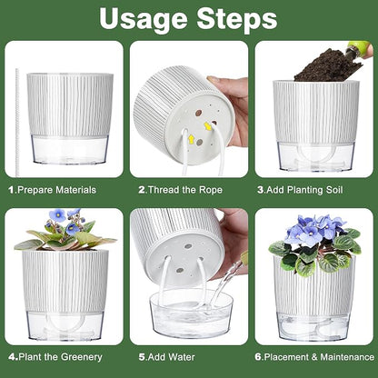 3 Pack Self Watering Pots for Indoor Plants, 4+5.5+6.3 Inch Self Watering Plant Pots, Flower Pots with Wick Rope and Reservoir - Black Stripes