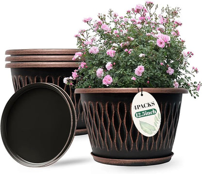 Usocik 4 Pack 10 Inch Retro Plant Pots, Vintage Striped Flower Pots with Drainage Hole & Saucer, Large Plastic Planters for Indoor and Outdoor Plants, Decorative Garden Pots(Copper)