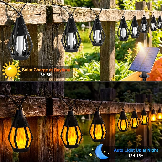 Vivideal Solar String Lights Outdoor Waterproof with 10 Flickering Flame Light Bulbs, 31ft Solar Outdoor String Lights for Outside Tree Patio Garden Porch Party Decorations, Warm White