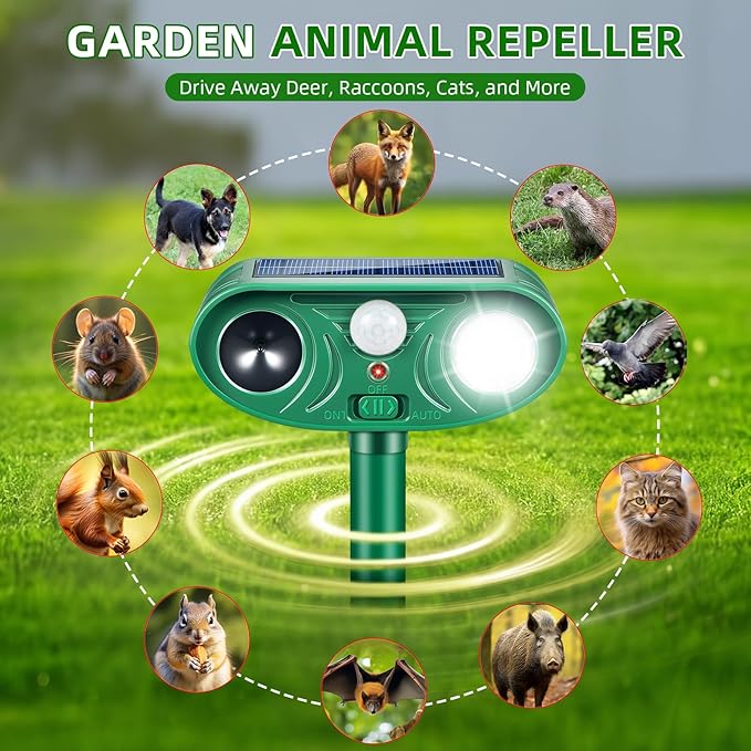 4PACK Solar Animal Repeller Outdoor for Deer Cat Rabbits Raccoons Fox,Ultrasonic Squirrel Deterrent with Motion Sensor and Flashing LED, Waterproof Animal Repellent Garden Yard Farm