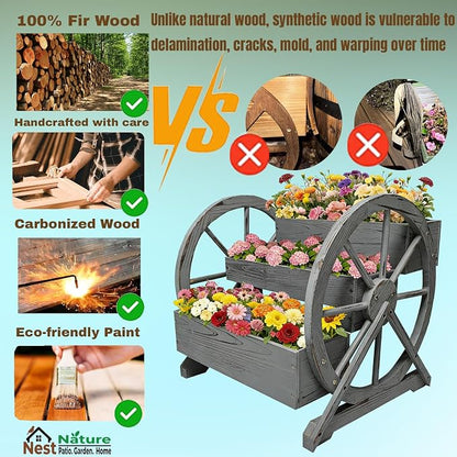 3 Tier Large Wooden Wagon Planter Box|Outdoor Planter/Flower Pot for Indoor&Outdoor Plants-Rustic Garden Planter for Patio,Porch&Garden Decor-Raised Garden Bed for Succulents,Herbs,Vegetables