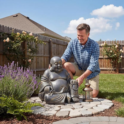 Cinnvoice 16x18 Inch Laughing Buddha Statue Outdoor Large Happy Sitting Buddha Statue Rustic Zen Monk Praying Sculptures Wealth Good Luck Feng Shui Decor for Indoor Garden Home Decoration