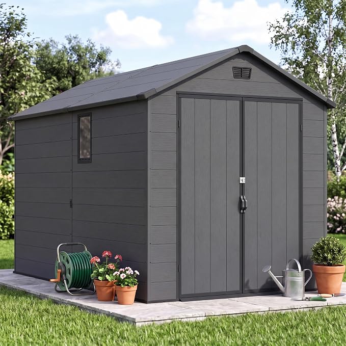 Greesum 6x10FT Plastic Storage Shed with Floor, Resin Outdoor Storaged Sheds with Lockable Double Door, Window and Vents, All-Weather Tool Sheds for Patio, Garden, Backyard, Dark Gray