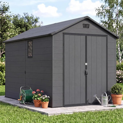 Greesum 6x10FT Plastic Storage Shed with Floor, Resin Outdoor Storaged Sheds with Lockable Double Door, Window and Vents, All-Weather Tool Sheds for Patio, Garden, Backyard, Dark Gray
