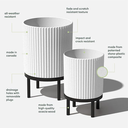 Veradek Demi Series Round Planter w/Stand for Porch/Patio | Durable Plastic-Stone Composite & Wooden Stand | Modern Décor for Tall Plants, Flowers