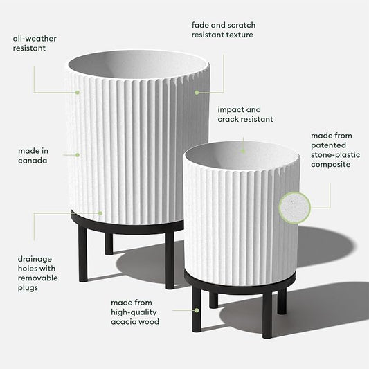 Veradek Demi Series Round Planter w/Stand for Porch/Patio | Durable Plastic-Stone Composite & Wooden Stand | Modern Décor for Tall Plants, Flowers