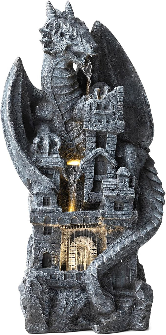Glitzhome 37"H 4 Tiers Resin Waterfalls Water Fountain, Mystical Gothic Dragon Perched Atop The Castle Sculptural with Pump & LED Light Indoor Outdoor Floor Fountain for Garden Patio Backyard Decking