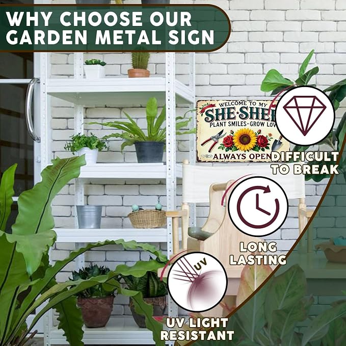 PEACHGARDEN Garden Decor She Shed Wall Art Decor Welcome To My She Shed Garden Metal Sign for Greenhouse Plantroom Yard Patio 8x12 inch