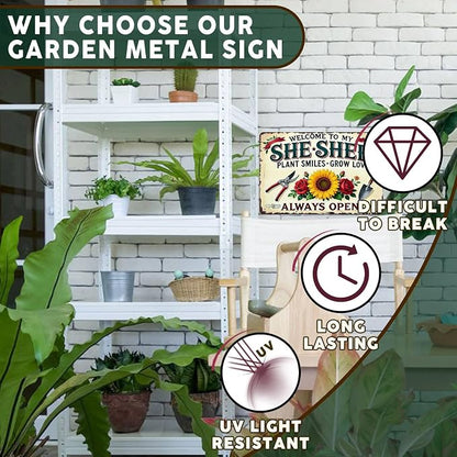 PEACHGARDEN Garden Decor She Shed Wall Art Decor Welcome To My She Shed Garden Metal Sign for Greenhouse Plantroom Yard Patio 8x12 inch