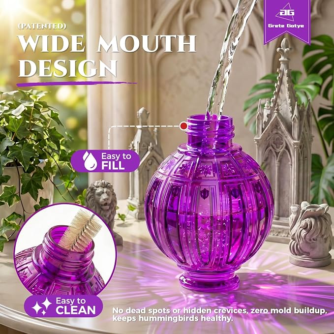 2 Pack Glass Hummingbird Feeder for Outdoors Hanging, Bird Nectar Feeder with Perch & 5 Flower Feeding Ports, 26 Oz Leak Proof for Outside Garden Decor Backyard, Gifts for Women Mom, Purple