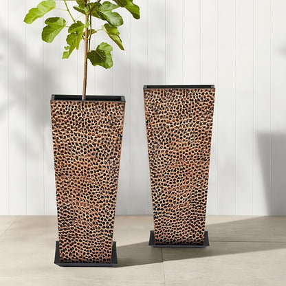 BAYN 2-Pack 24" Tall Metal Planter – Hand-Hammered Textured Large Bronze Flower Pots Box with Saucer for Outdoor&Indoor, Garden, Porch, Patio, Yard with Pre-Drilled Drainage Holes